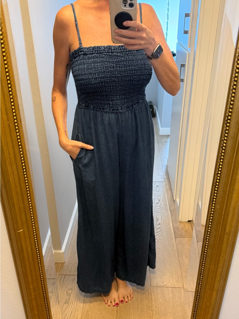 Smocked Strap Wide-Leg Jumpsuit in Dark Denim
